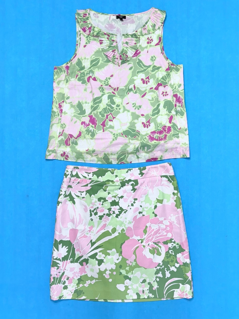 Talbots Petite Skirt Set 16P Top 14P Skirt Pinkโ Green Floral Cotton Ruffle 2Pc